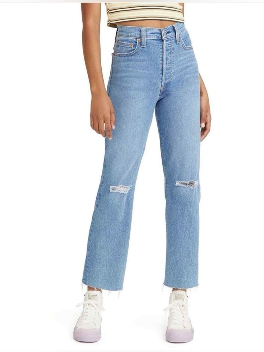 Levi's Ribcage Straight Ankle Jeans Distressed Knees Raw Hem Size 26 EUC